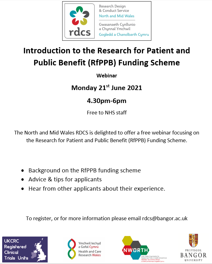 Thinking of applying to the #RfPPB funding scheme?
Just want to know more about the funding scheme?

The North and Mid Wales RDCS is delighted to offer this free webinar to all Welsh NHS staff

Information and details below: 

<a href="/ResearchWales/">Health and Care Research Wales</a> <a href="/nworth_ctu/">NWORTH Clinical Trials Unit</a> <a href="/BetsiResearch/">BetsiResearch</a> @shsbangor