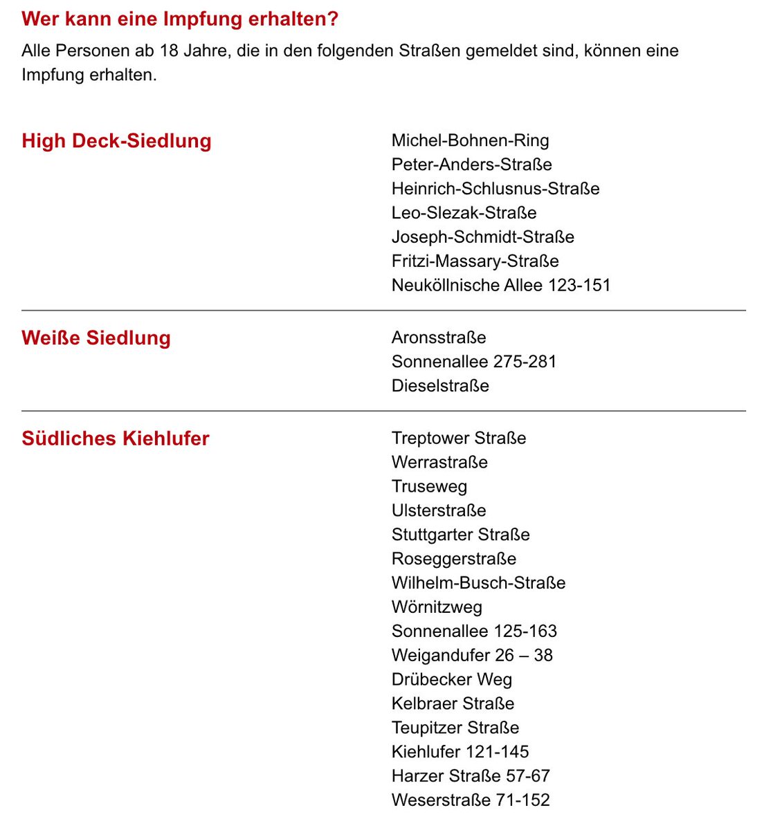 In Neukölln können sich am Wochenende alle Einwohner:innen bestimmter Straßen in einem Modellprojekt impfen lassen. Vermutlich wissen das nicht alle. Das Bezirksamt hat nur ein paar Zettel an Haustüren geklebt. Daher teilt es gerne. #Servicetweet 

berlin.de/ba-neukoelln/c…