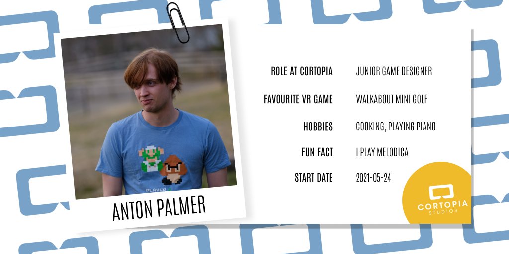 CortopiaStudios's tweet photo. Meet Anton, our Junior Game Designer! 😃
Anton will join our team on the 24th of May, congratulations on his new position! His favourite VR game is Walkabout Mini Golf, and in his spear time, he loves to cook and play the piano.
We are happy to have you, Anton! 🙂
#cortopia https://t.co/cb3hSuiA8y