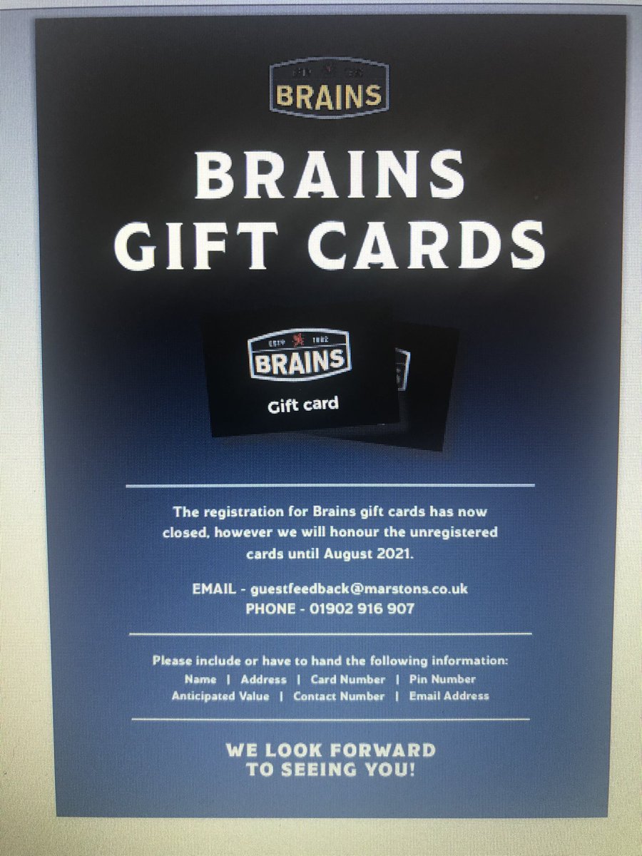 For anyone who still has a Brains gift card with money on it please read the below - you have until August 2021 to use them. #blacklionllandaff