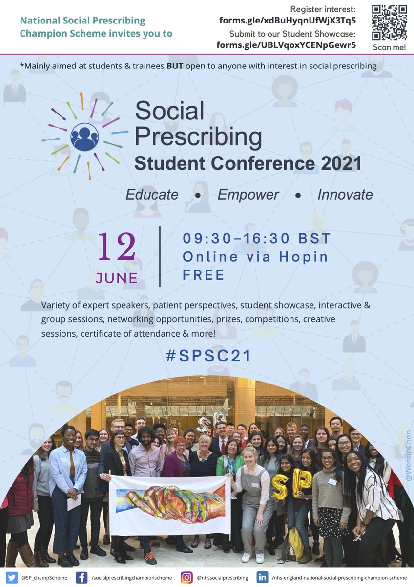 SP_champScheme's tweet photo. Today marks 1 month until our fourth annual #SocialPrescribing conference! #SPSC21
We’re looking back at previous years. 🎞

Join this year: https://t.co/2ZpU7zbgsW

Students can submit work to our Student Showcase.
Feedback, certificates &amp; prizes!
Submit: https://t.co/gWLOtMy5SF https://t.co/NzeBeF4nX3