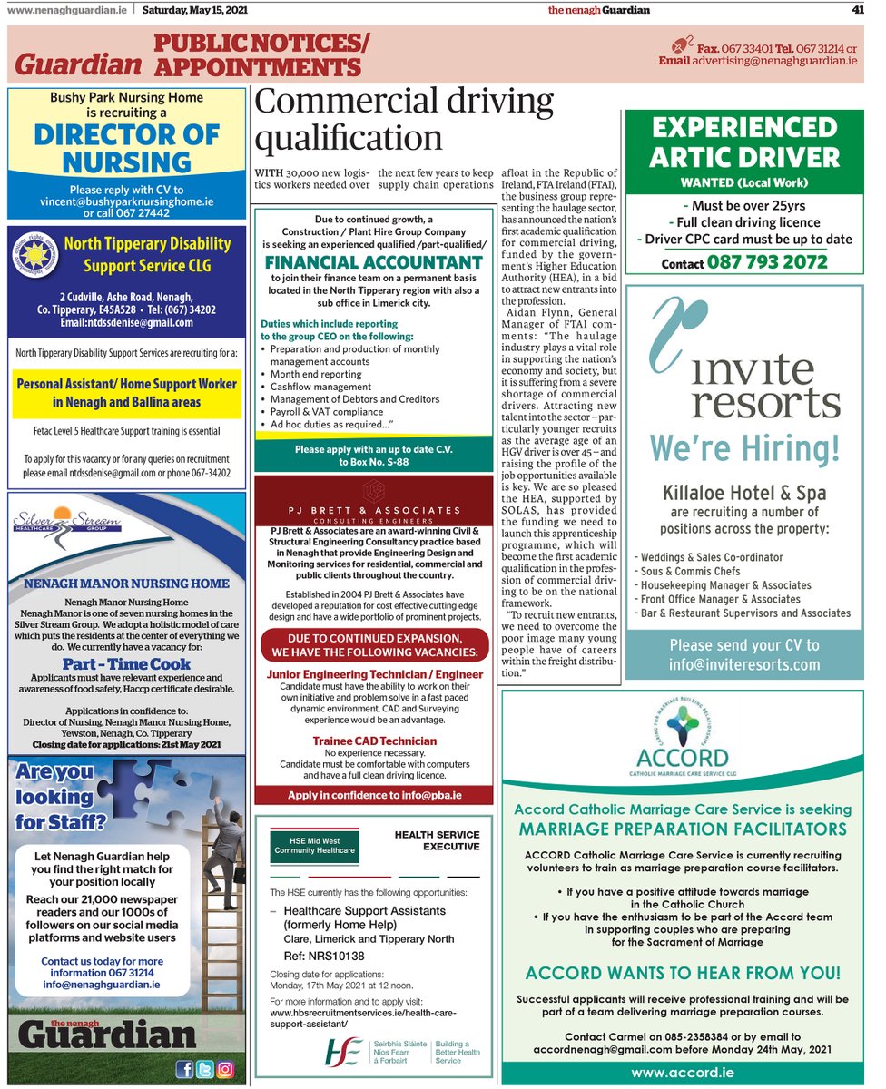 NenaghGuardian's tweet photo. Are you hiring, or looking for a new job.
Here are this weeks Nenagh Guardian job notices
@InviteResorts @CommHealthMW https://t.co/NRRGkVVRRa