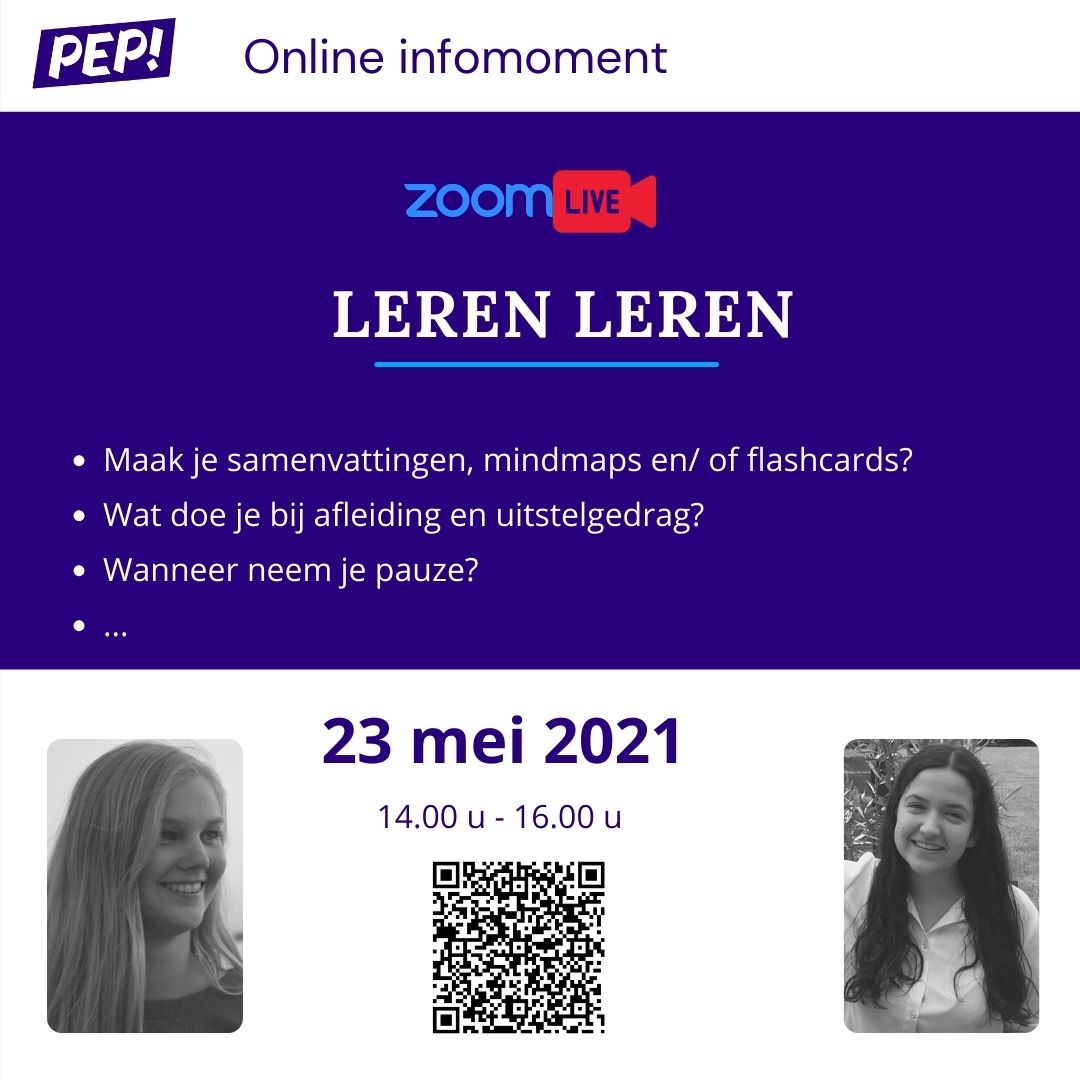 Op 23/05 organiseert PEP! een online infomoment "leren leren" voor leerlingen van het secundair onderwijs. Dit infomoment zal gegeven worden door Lien Gysels en Jolien Lambert, studenten educatieve master aan <a href="/UAntwerpen/">UAntwerpen</a> .

#lerenleren #examens #tipsandtricks #secundaironderwijs