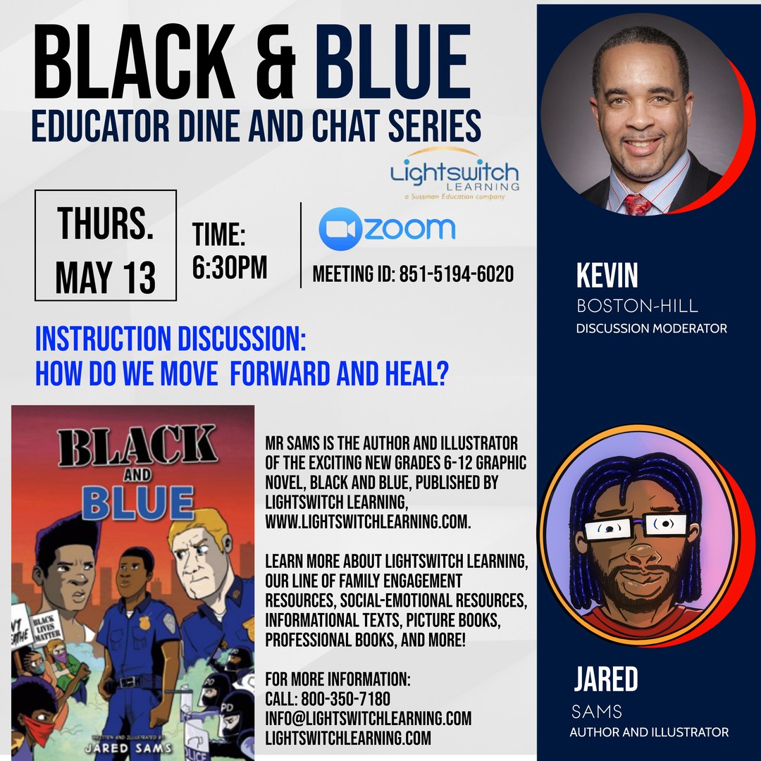 To deepen conversations about social injustices, join Kevin Boston-Hill host of Instruction Discussion, May 13, 6:30pm ET for an interview with Jared Sams author of our new grades 6-12 graphic novel, Black&amp;Blue. Register: bit.ly/3h1PhUX, Zoom ID: 8515194 6020.<a href="/nycschools/">NYC Public Schools</a>