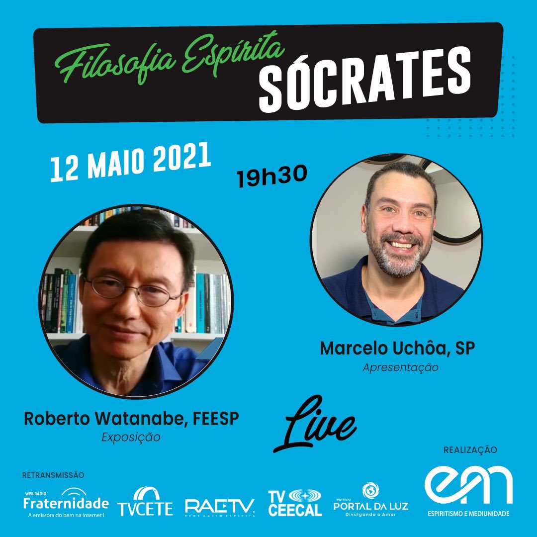 marcelosuchoa's tweet photo. É hoje, dia 12/05/21 (quarta), às 19h30min, mais uma live no nosso canal do youtube: Espiritismo e Mediunidade.
Conversaremos com Roberto Watanabe (FEESP) sobre Sócrates.
Participe conosco!
https://t.co/PQaILiVYda https://t.co/jX5POx65Pu