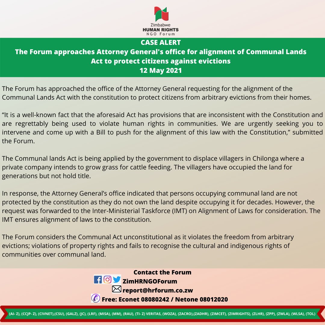 ZimHRNGOForum's tweet photo. The Forum has approached the Attorney General's office to push for the protection of communal lands through alignment of the Communal Lands Act with the constitution. #SaveChilonga @ZimRightsLIVE @zppINFO @SAPESTrust10 @MACRADTrust @WeArePindula @NewZimbabweCom @Darlingmarange https://t.co/ZV0gE8gA61