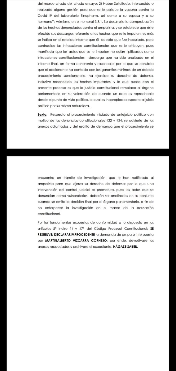 karembq's tweet photo. #LoUltimo El Poder Judicial declaró "improcedente" la demanda de amparo interpuesta por el expresidente Martín Vizcarra, contra el Congreso que lo inhabilitó para ejercer cargo público por el #VacunaGate. Y, seguirá sin acceder al  cargo de congresista electo.
@Politica_ECpe https://t.co/bKMslGc14J