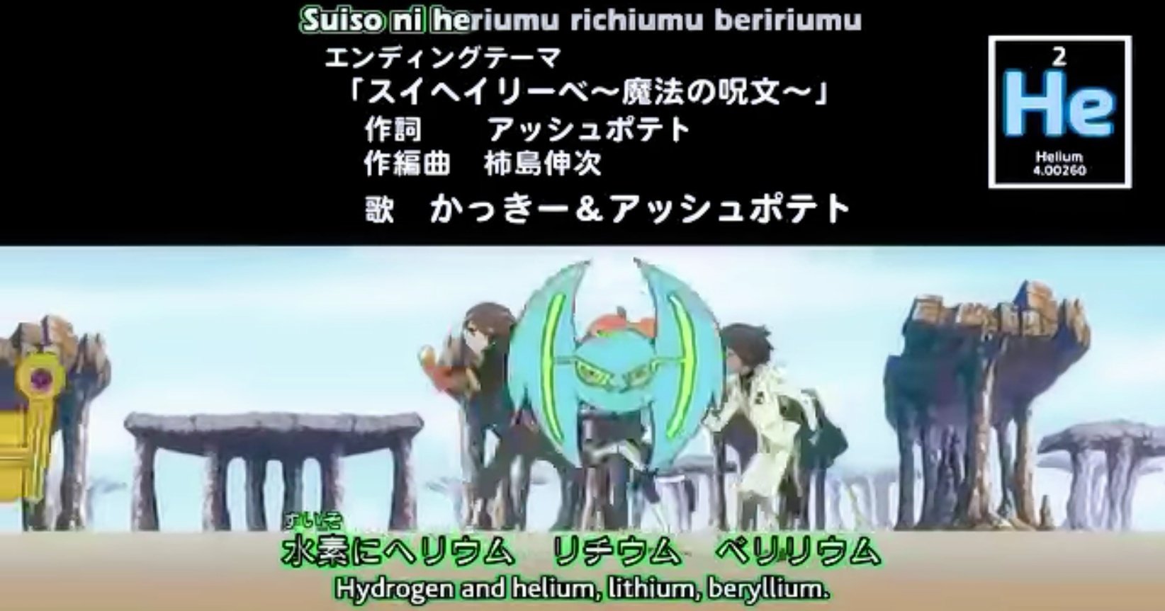 レッドキング Nowplaying アニメ エレメントハンター Ed曲 スイヘイリーベー 魔法の呪文 元素 を題材にしたアニメだけに エンディングでは昔から元素記号の暗記方法として知られる 周期表の語呂合わせ を歌にしている