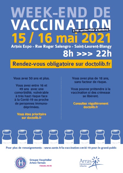 GrandArras's tweet photo. #vaccination #covid19 samedi 15 et dimanche 16 mai, le centre #Artoisexpo ouvre de 8h à 22h.
✅140 professionnels de santé
✅40 agents CUA et ville d’Arras
✅20 bénévoles des clubs service
✅12 lignes de vaccination et 3 700 doses Pfizer et Moderna
⚠RDV OBLIGATOIRE⚠ https://t.co/F1MObvrCM0