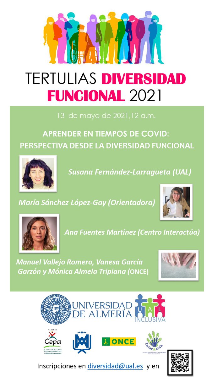 ualestudiantes's tweet photo. 📣#UALInclusiva organiza mañana 13 de mayo (12 horas) las 🗣️Tertulias Diversidad Funcional 2021 bajo el título 'Aprender en tiempo de #Covid19: perspectiva desde la diversidad funcional'.
Inscripciones en el e-mail: diversidad@ual.es📩
#UALEstudiantes #UALJoven #SoyUAL https://t.co/4YhvBmAtM7