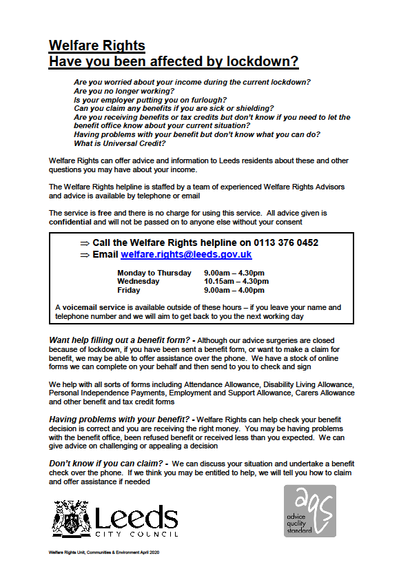 ⭐ Want help filling in a benefit form? ⭐ Having problems with your benefits? ⭐ Not sure if you can claim? Welfare Rights can offer free advice & information. See their flyer for full info ⬇️ Give them a call ☎️ 0113 376 0452 or 📧 welfare.rights@leeds.gov.uk