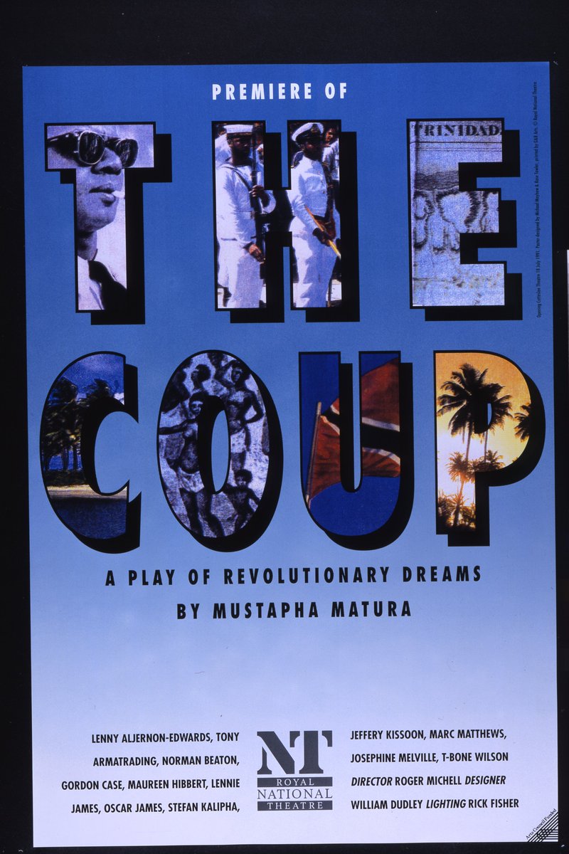 National Theatre poster for The Coup in blue graphics.