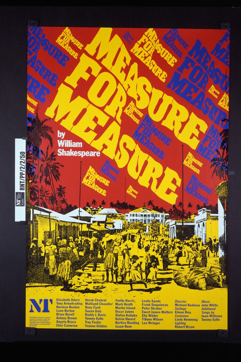 National Theatre poster for Measure for Measure with bold red, blue and yellow colours.
