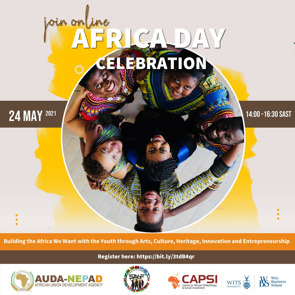 We are excited to celebrate #AfricaDay with the youth on the 24th of May 2021!

To register for the event click here: zoom.us/webinar/regist…

#AfricaMonth #PanAfrican #Africanhistory #Heritage #Culture #Africanunity #Africaninnovation #Africanentrepreneur #AfricanArt #AU