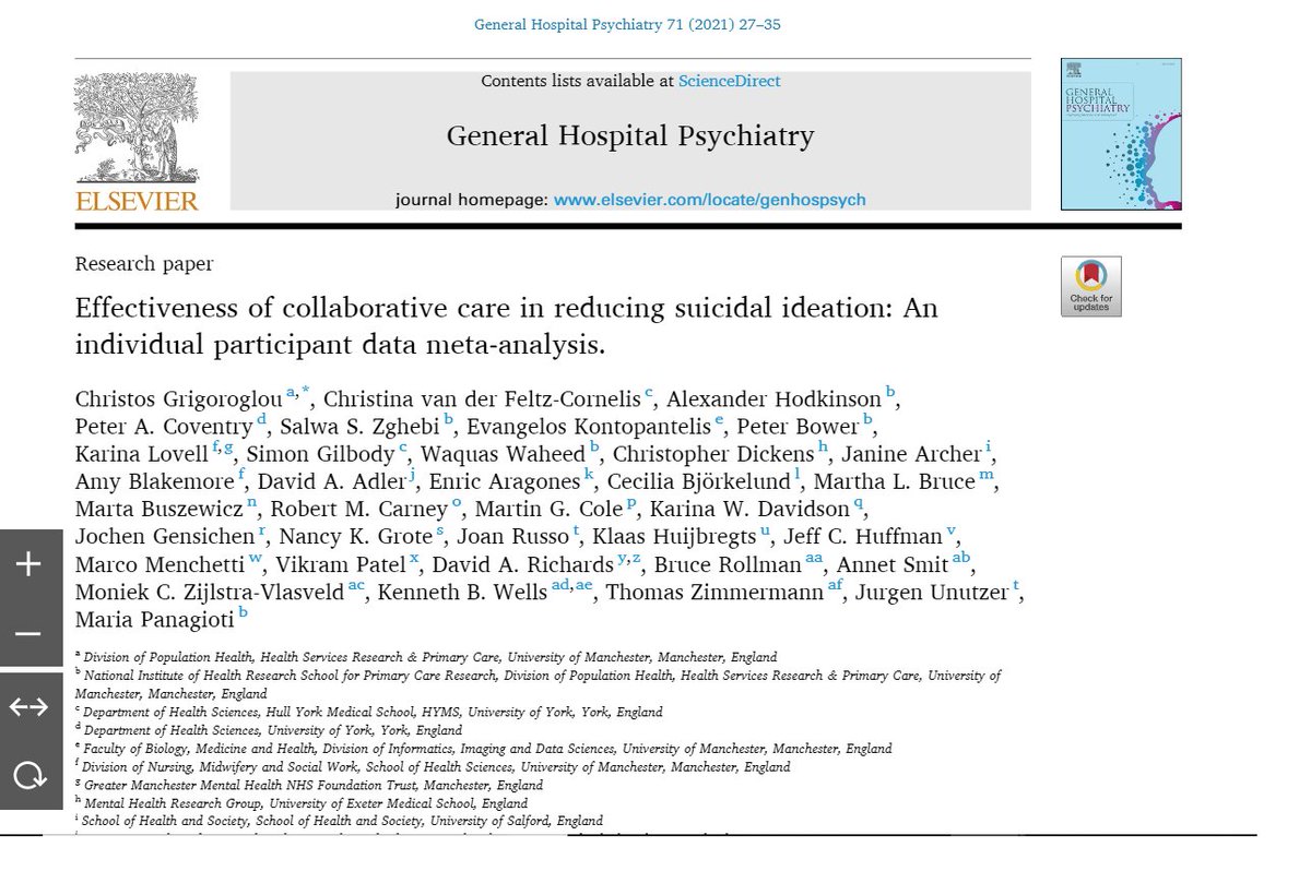 Our op.access IPD meta-analyses is now available @GHP_Journal.We collected data from 28 international RCTs to examine CC effects on suicidal ideation. CC w/ psychol intervention was the most effective model,specially for older pat @nihrspc @PrimaryCareMcr pubmed.ncbi.nlm.nih.gov/33915444/