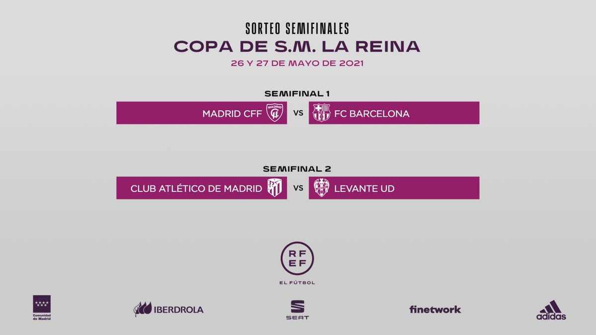 rfef's tweet photo. ⚠️ OFICIAL I ¡¡Así quedan las SEMIFINALES  de la Copa de S.M. La Reina!! 

⚽@MadridCFF 🆚 @FCBfemeni 

⚽ @AtletiFemenino  🆚 @LUDfemenino 

👉🏼 Ambos encuentros se disputarán a PARTIDO ÚNICO en Butarque

 #CopaDeLaReina https://t.co/aAeQovUJvV