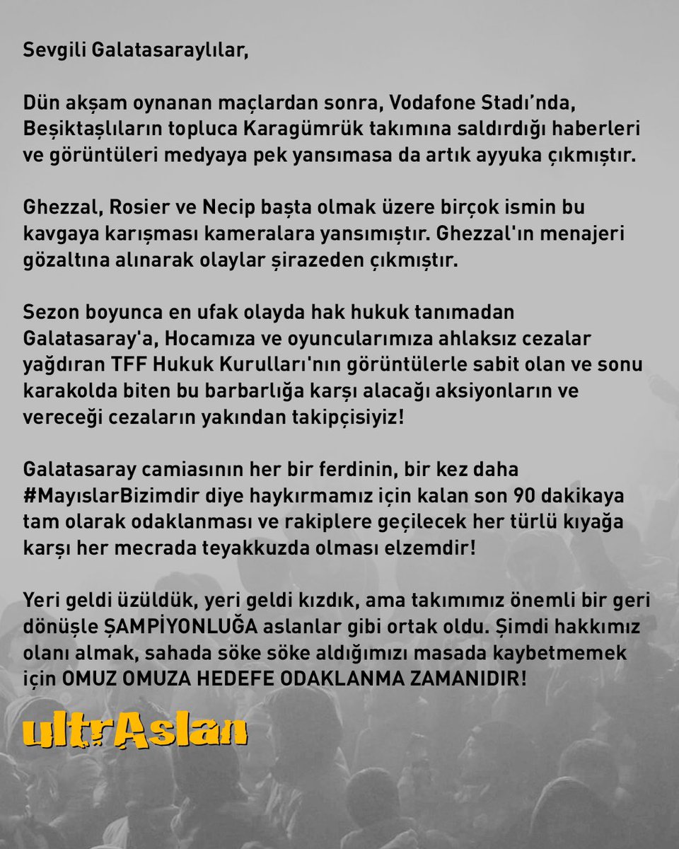 Yeri geldi üzüldük, yeri geldi kızdık, ama takımımız önemli bir geri dönüşle ŞAMPİYONLUĞA aslanlar gibi ortak oldu. Şimdi hakkımız olanı almak, sahada söke söke aldığımızı masada kaybetmemek için OMUZ OMUZA HEDEFE ODAKLANMA ZAMANIDIR!

#ultrAslanLİSE