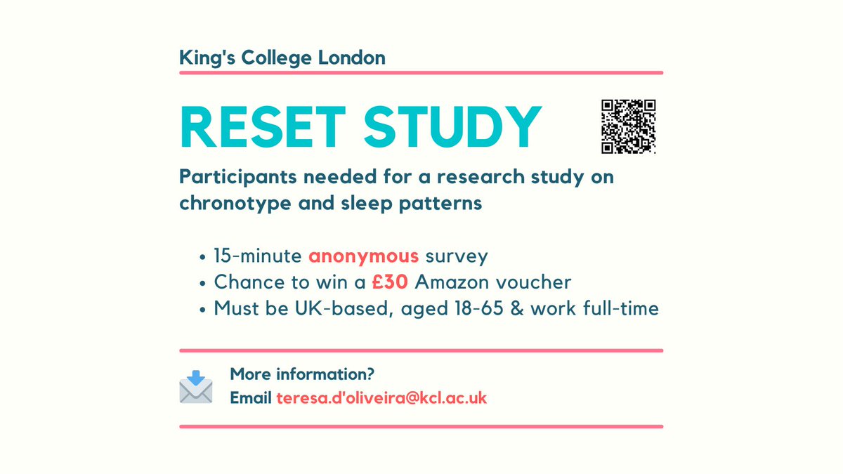Recruiting adults in the UK for an MSc <a href="/Kings_OPP/">Organisational Psychiatry & Psychology</a> study looking at a new chronotype questionnaire &amp; sleep patterns 💤⏰

📋 15-minute anonymous survey
➡️ Chance to win a £30 Amazon voucher

If you would like to take part, please click this link 👇

🔗 bit.ly/3hh80fr
