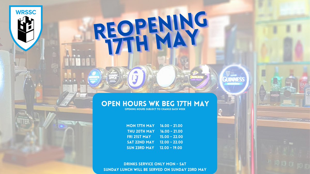 📢We are delighted to announce from 17th May WRSSC is reopen.📢

Opening hours will be reviewed weekly, see below the times for week beg 17/05

We hope to see many members back &amp; remind all to adhere to the Gov. &amp; WRSSC guidelines to ensure the safety of the staff &amp; customers.