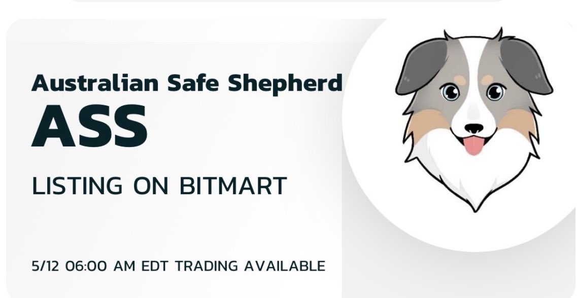 justablogg's tweet photo. $ASS is available on #BitMart (In case you were wondering it stands for Australian Safe Shepard) 😉 https://t.co/K2x7JGr879
