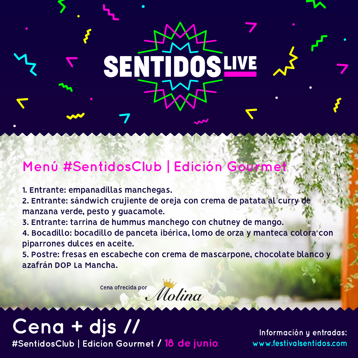 FdelosSentidos's tweet photo. Los Djs estarán presentes en #SentidosLive!! y, además, cena de lujo!
El 19 de junio tendrá lugar #SentidosClub Edición Gourmet ⚡️
20:00h. Puertas
20:30h. #Guache
22:15h. DUBPAPER
El Restaurante Molina ofrece una cena especial.
reserva en https://t.co/oWuNd2h8Iw https://t.co/v5q4dxv7FV