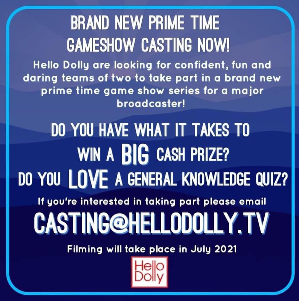 . <a href="/TVcontestants/">TV Contestants</a> please could you share? Casting teams of two for a new prime time Gameshow for a UK broadcaster if you are interested, visit bit.ly/GameshowFFTB or email casting@hellodolly.tv