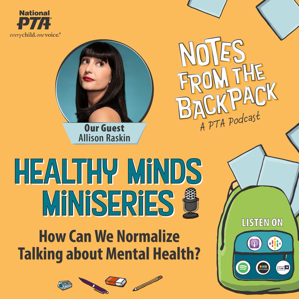 AllisonRaskin's tweet image. I got to be a guest on the @NationalPTA #BackpackNotes podcast Healthy Minds miniseries! Listen to our conversation about destigmatizing mental health issues now: PTA.org/podcast-ARaskin 

My mom, as a former president of the PTA, is very excited.