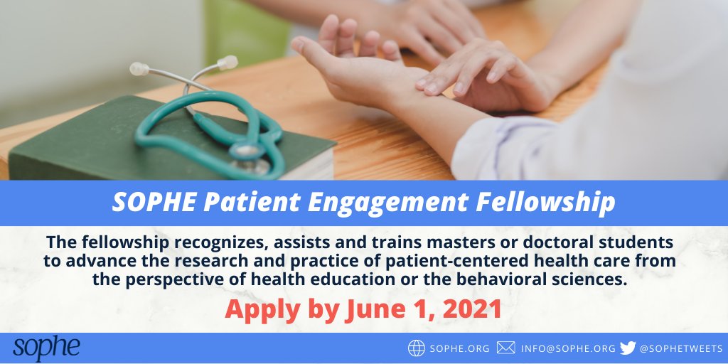Students! Apply to SOPHE's Student Fellowship in Patient Engagement. Recipients of the award will receive a $2,000 stipend, free one-year SOPHE student membership, and more! #patientengagement #fellowship #scholarship #publichealth

Learn more: ow.ly/u7zO50EJikL