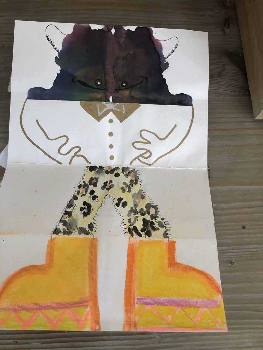 Surrealist art game- We had fun creating this character. Method: draw part of the image, fold paper to conceal, pass to friend for them to draw next part and repeat until drawing is complete...