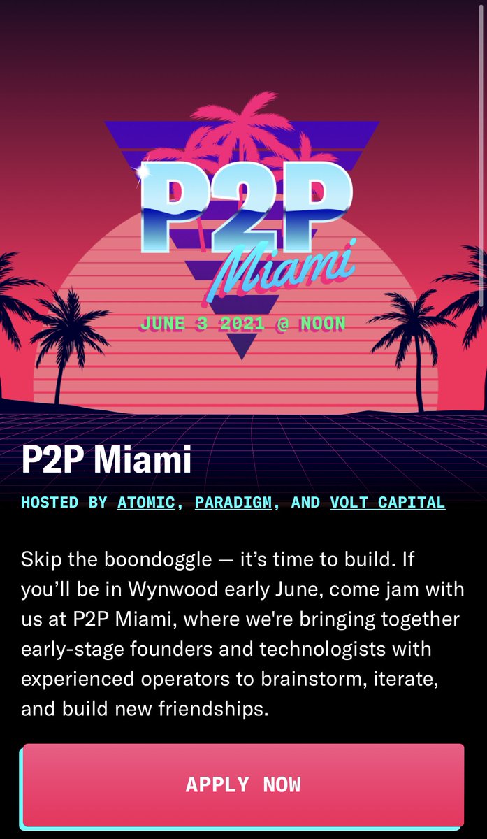 We at @volt_cap are teaming up with <a href="/JoinAtomic/">Atomic</a> &amp; <a href="/paradigm/">Paradigm</a> to co-host P2P: Miami on June 3rd.

We’ll spend the day in breakout sessions whiteboarding and jamming on product.

To be considered for the program, apply below: 

P2Pmiami.com