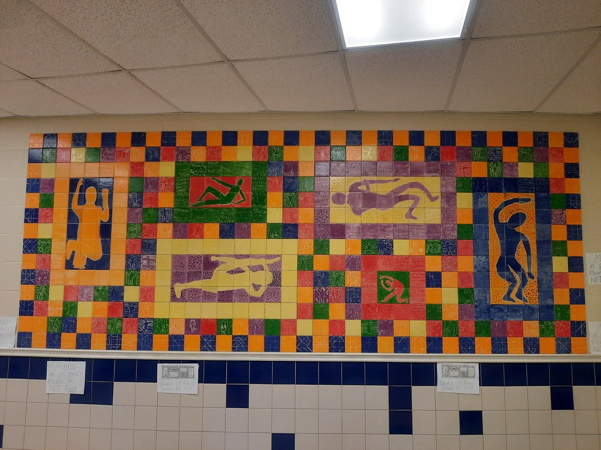 wendymmilne66's tweet photo. The last tile was hung this morning. We hope you enjoy viewing our mural as much as we enjoyed making it! A HUGE thank you to our CPAT for purchasing the supplies to make this mural as our tribute to Attack Theatre.@hasd_stw @AttackTheatre @SonjaKubinec #mural https://t.co/r5opU5Xvdw