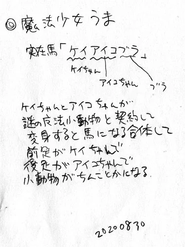 昨年、競馬馬の名前がどれもこれもあまりにヘンなのは何故なのかを友人と考えてるうちに
「例えばケイアイコブラは、ケイちゃんとアイコちゃんが謎の魔法生物ブラと合体し、魔法少女『うま』として競馬に出場するときの芸名だろう」
という頭のおかしい設定ができてしまった時のメモです。 