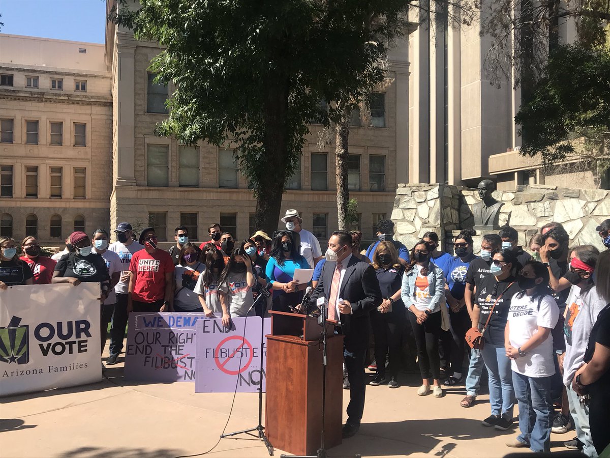 “I call on @SenatorSinema &amp; <a href="/SenMarkKelly/">Senator Mark Kelly</a> to pass the For the People Act &amp; John Lewis VRA and to abolish the Jim Crow filibuster to do it! And I call on everyone watching to join us at May 20th #EndTheFilibuster rally!”

<a href="/SenQuezada29/">Sen. Martín Quezada</a> on fire at press conf at AZ state capitol