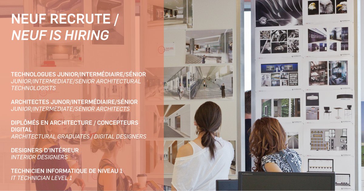 NEUFarchitectes's tweet photo. NEUF est à la recherche de nouveaux talents. Rejoignez notre équipe de Montréal en envoyant votre candidature à emploi@neufachitectes.com. Nous avons hâte de vous rencontrer ! https://t.co/RLsfYH9oel