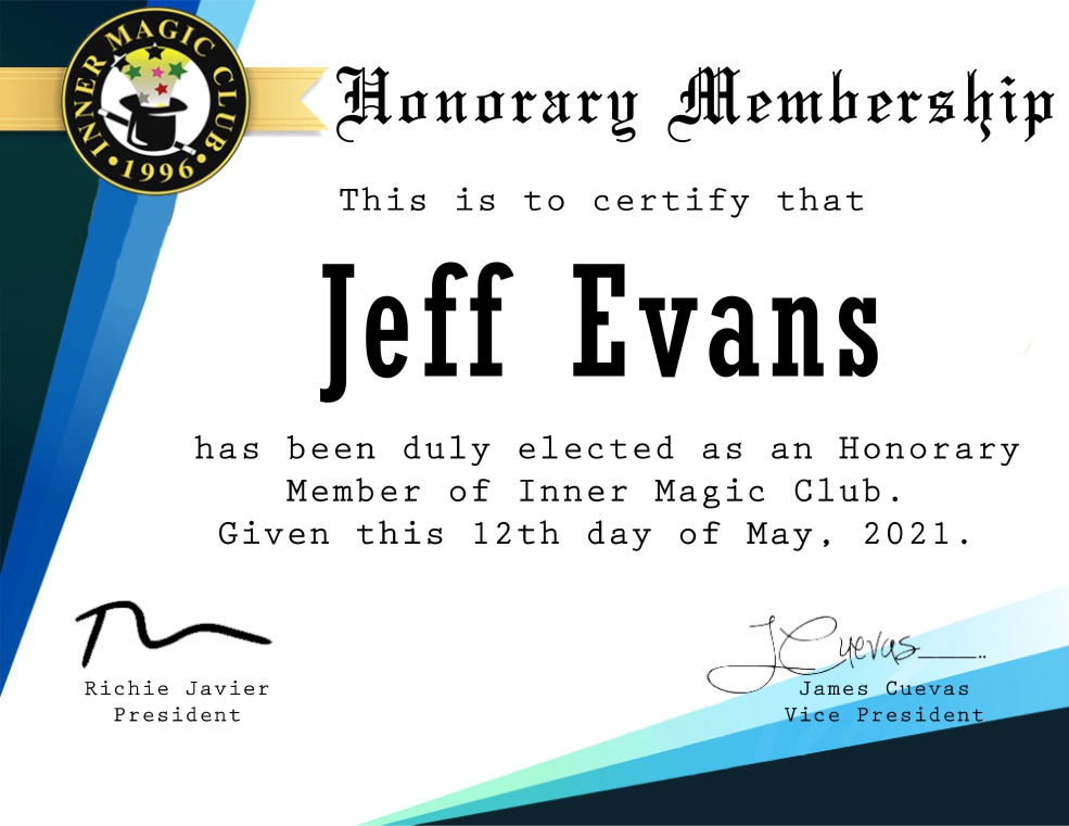jeffevansmagic's tweet photo. I'm an honorary member of the International Magic Club after presenting my first-ever lecture to magicians in the Philippines! The event began at 9:00 pm in Manila... which is 6:00 am my local time... which means I was up at 4:00 am to prep! #virtualmagician #zoommagic https://t.co/vkbPybddtk