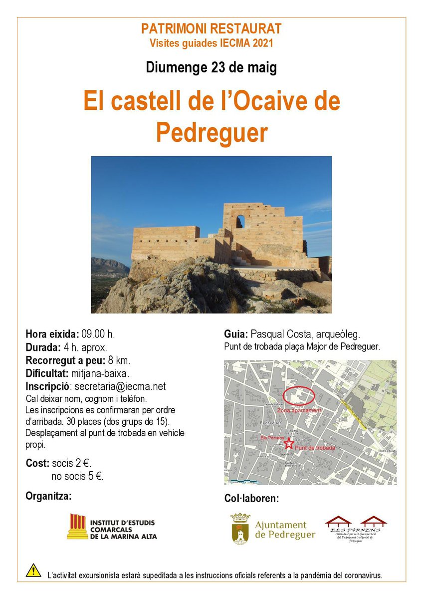 iecmadifusio's tweet photo. Pròxima parada al castell de l'Ocaive de #Pedreguer Serà diumenge 23 a les 9 h Ens farà de guia el nostre soci Pasqual Costa, arqueòleg del projecte. Inscripcions a secretaria@iecma.net Patrimoni restaurat, visites guiades 2021. #IECMA #AgendaCulturalMarinaAlta https://t.co/HGsp8tiMNV