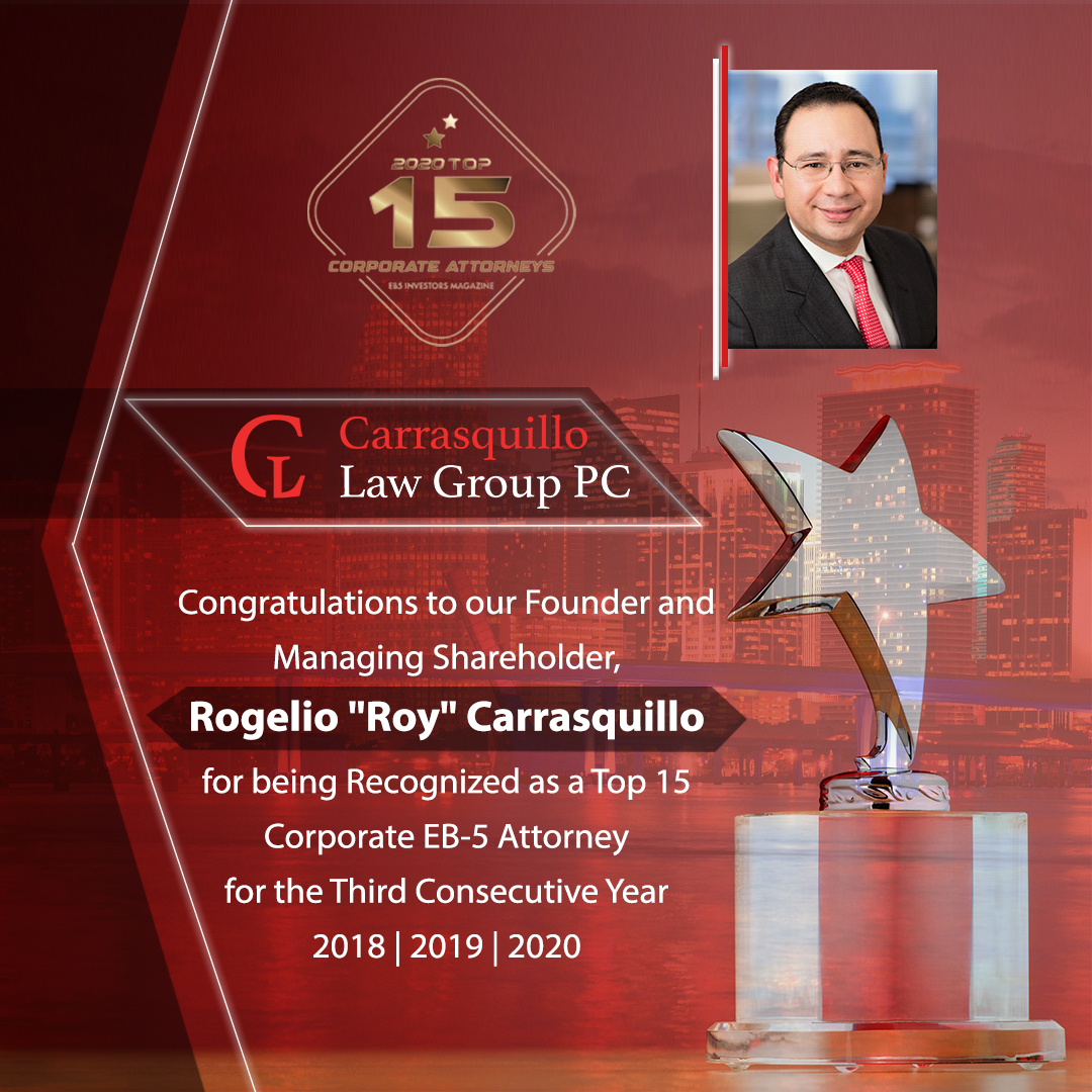 CLGPCLegal's tweet photo. Congratulations to @CLGPCLegal’s managing shareholder @RCarrasquillo for being selected as a #Top15 Corporate Attorney by @EB5InvestorsMag #EB5 #ThirdConsecutiveYear #CLGPCLegal https://t.co/qqotYXyhLD