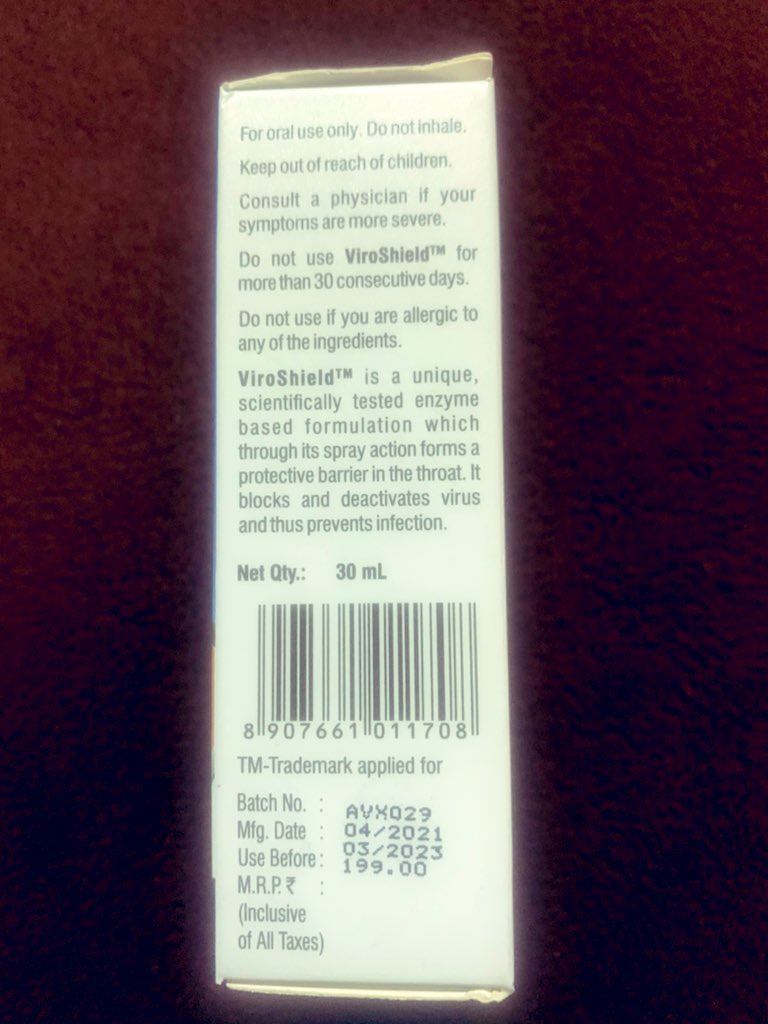iamruchimankad's tweet photo. Got #Viroshield mouth spray from #Zydus
Reduces 99% viral load
Should work well for those whose exposure levels are high till fully vaccinated https://t.co/WAxpNPIAaM