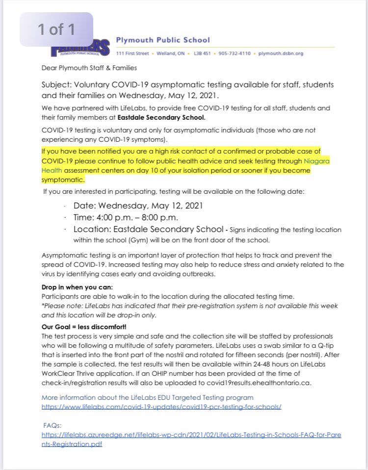 Hey <a href="/SchoolPlymouth/">Plymouth School</a>  family. Just a reminder tonight is asymptomatic testing night <a href="/EastdaleWelland/">Eastdale Secondary</a> if you’re interested 4-8pm walk-in. msg.schoolmessenger.ca/m/getdocument.…
