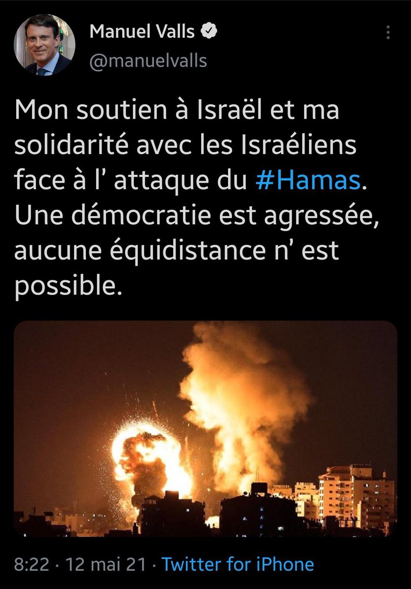 T_Bouhafs's tweet photo. La palme revient quand même à Manuel Valls, qui, pour illustrer son tweet utilise une photo d’un bombardement israélien sur Gaza pour faire croire que ça se passe à Tel-Aviv. https://t.co/vlZpJpzyC7