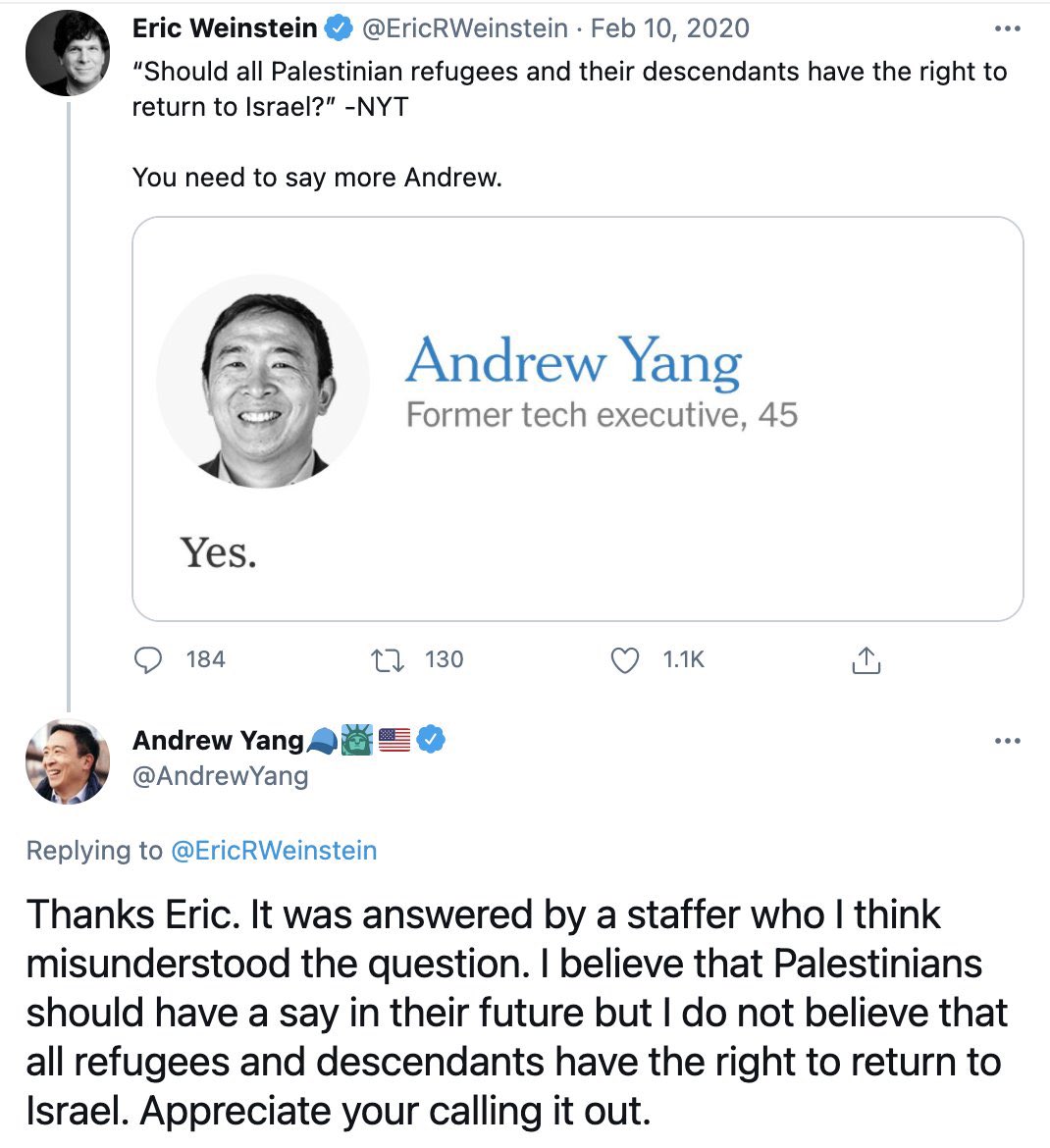 nathanlean's tweet photo. @AndrewYang Nice try cleaning up. Here are the receipts. 

“I do not believe that all refugees and descendants have the right to return to Israel.” 

We see you. https://t.co/ioclJ9QGbH