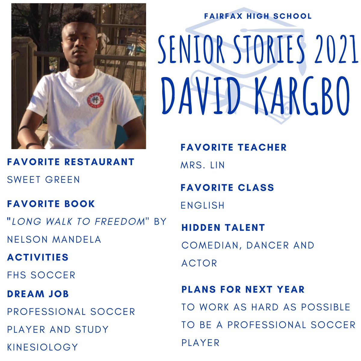 Today's senior is David Kargbo! David plays soccer for FHS and hopes to play professionally. Good luck David! The City of Fairfax community is proud of you! cityoffairfaxschools.org/apps/pages/sen…