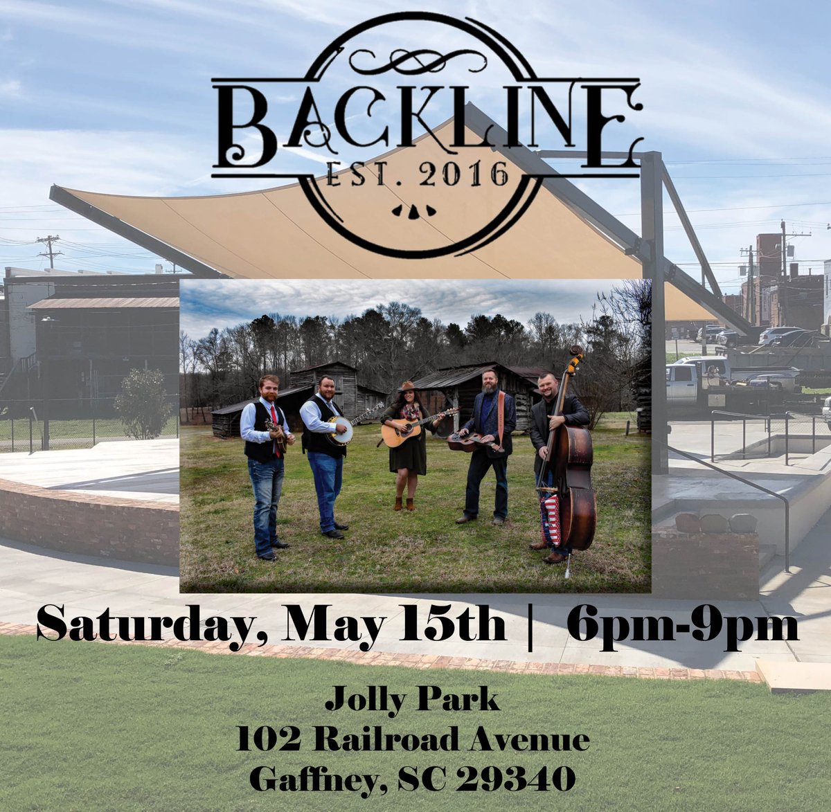 GetN2GaffneySC's tweet photo. Looking for something to do this weekend? Join us this Saturday, May 15th at Jolly Park for an outdoor concert in the park featuring Backline Bluegrass! Gates open at 5:30pm and concert starts at 6pm. Hope to see you there! https://t.co/p6SR5swdBw