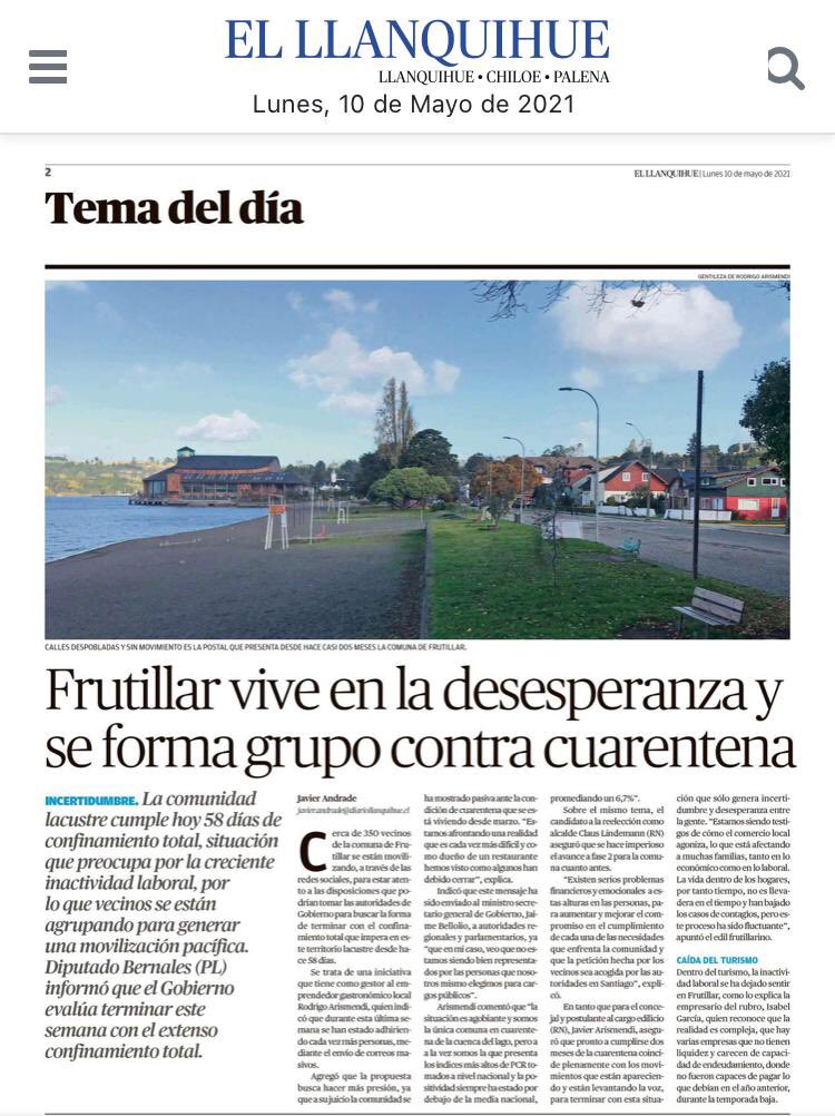 Otro problema de los gobiernos centrales es que las pequeñas comunas son invisibles.

Frutillar, San Pablo, San Juan y pocas más llevamos 2 MESES consecutivos de Cuarentena Total. Otros van y vienen, pero aquí nadie piensa en la salud mental, la obesidad infantil o las pymes. 😔