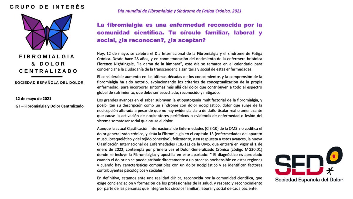 💬 Comunicado del GISED de Fibromialgia y Dolor Centralizado de la SED con motivo del #DíaMundialFibromialgia 
La fibromialgia es una enfermedad reconocida por la comunidad científica. Tu círculo familia, laboral y social, ¿la reconocen? ¿La aceptan? 👁‍🗨
#Fibromialgia #Dolor