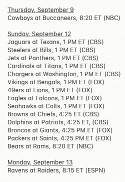 Field Yates on X: The full Week 1 schedule for the 2021 NFL regular season  has now been announced. A look at all 16 games:  / X