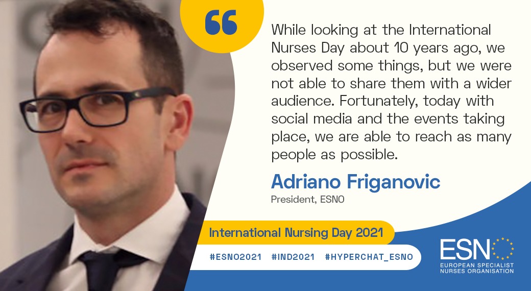 esno_web's tweet photo. Opening the #ESNO2021 International Nursing Day celebration, our President @adrianofriganov shares his sentiments on being able to share this day with a global audience from Belgium, Sweden, France, to Turkey, Malaysia and many other countries. #IND2021 #InternationalNursesDay https://t.co/2Y7WIn642q