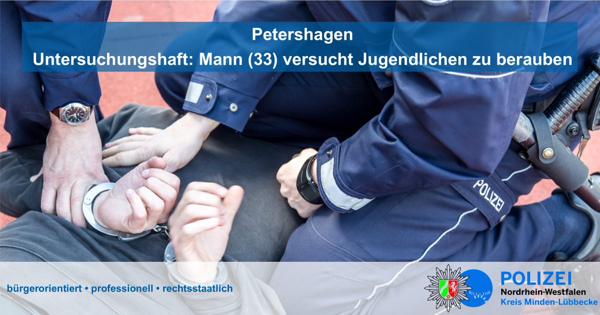 polizei_nrw_mi's tweet photo. Wegen eines versuchten Raubes sind wir am Dienstag nach #Petershagen / #Lahde gerufen worden. Dort trafen wir auf den mutmaßlichen Täter (33), der bei seiner #Festnahme Widerstand leistete. Am Mittwoch ordnete ein Richter die Untersuchungshaft an. Infos : https://t.co/4uZ1nRSh4M https://t.co/n50Ed7p6RC