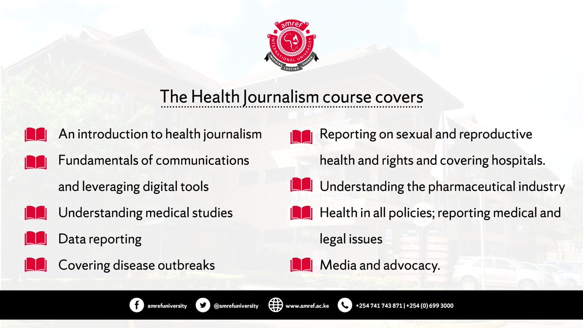 Amref_Worldwide's tweet photo. Check out some of the insightful topics that #HealthJournalism course will cover. 

Register now and join @AmrefUniversity via https://t.co/TV9YztmgRG  

For enquiries
Email: enquiry@amref.ac.ke
Call+254 741 743 871 https://t.co/CUUt2h9rXP