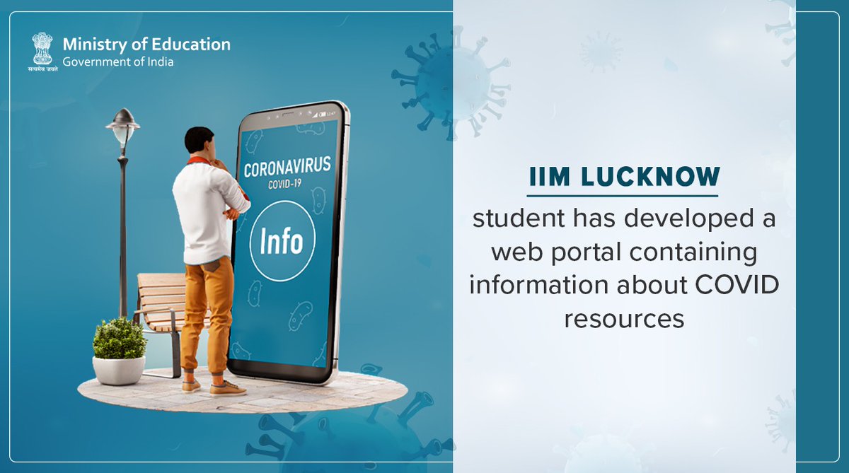 EduMinOfIndia's tweet photo. Amrita Singh, a software engineer and student of the @IIML, has developed a web portal containing a list of initiatives that may provide relief or information to Covid-hit people. https://t.co/fn3jTBJv23